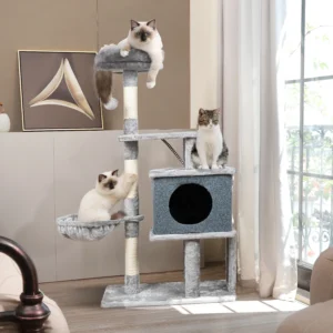Árvore de Madeira para Gatos com Brinquedos — Plataforma de Arranhar, Escalar e Descansar com Redes e Casinha